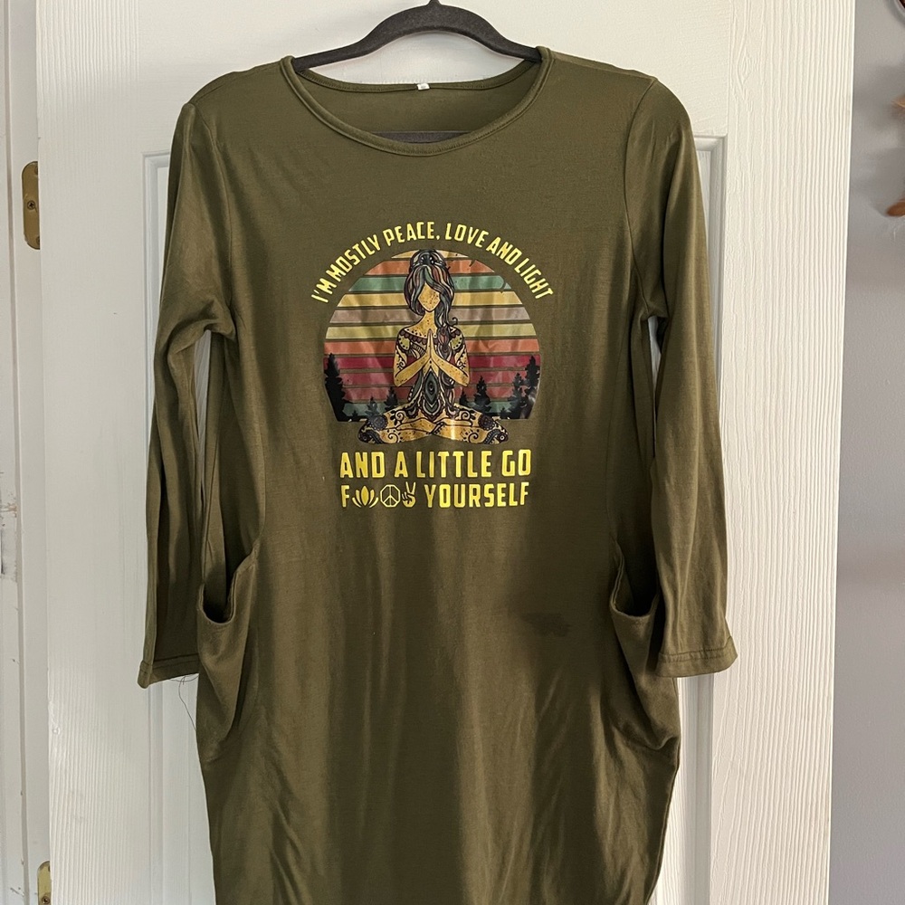 Olive Green Graphic Pocket Tunic - Peace & Humor